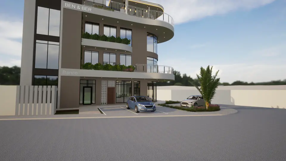 Imagem 3D da fachada de um edifício de quatro pisos com varandas curvas