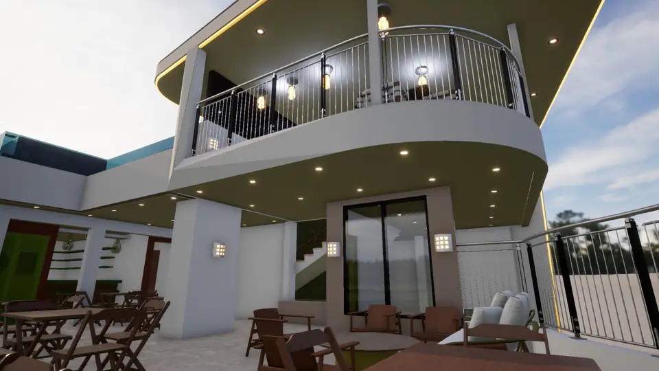 Imagem 3D do segundo piso com varanda e iluminação exterior