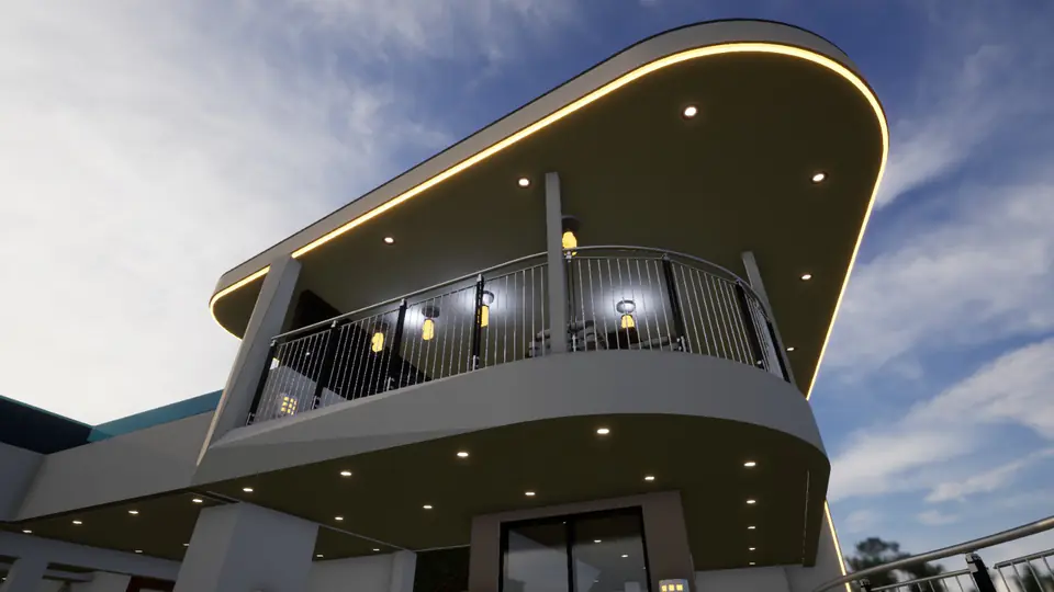 Imagem 3D da varanda curva com iluminação embutida