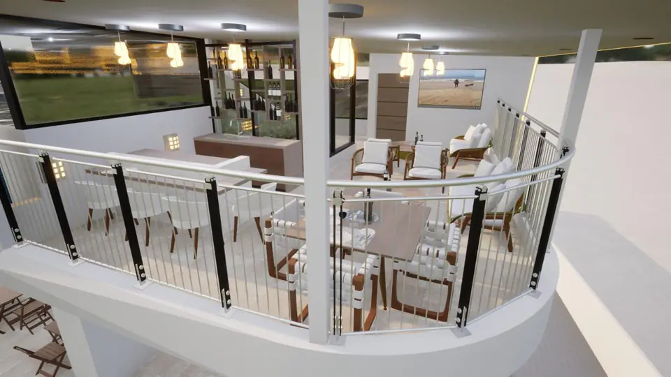 Imagem 3D de terraço coberto com mobiliário e guarda em vidro