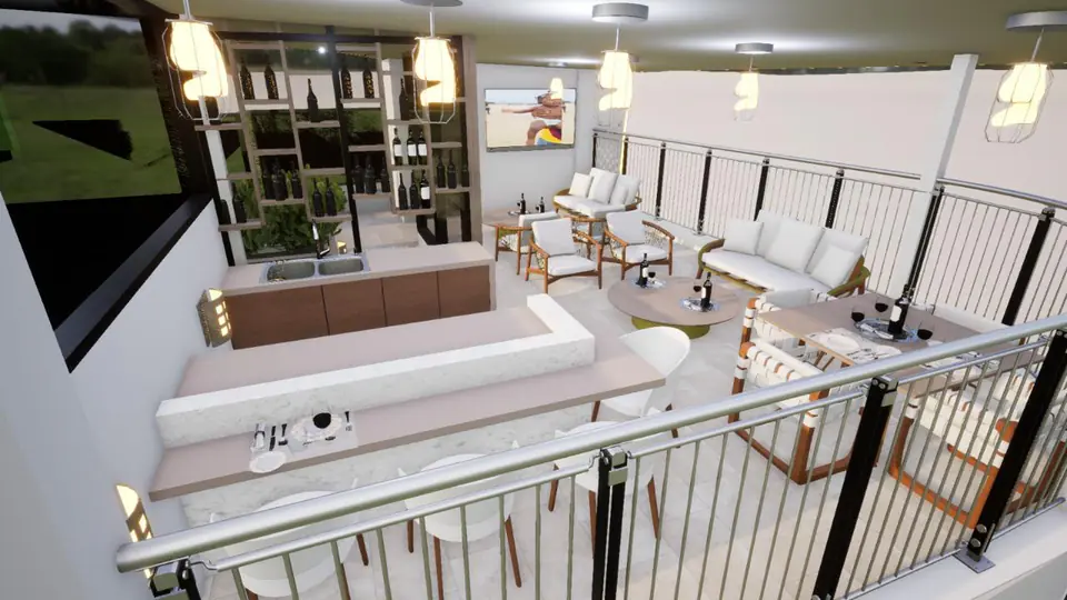 Imagem 3D de espaço social com bar e zona de estar