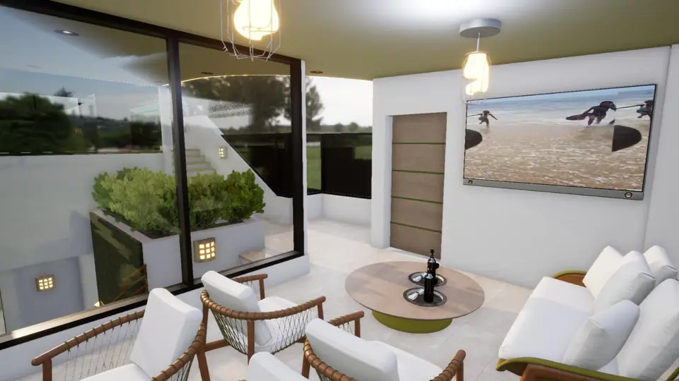 Imagem 3D de sala com janelas amplas e mobiliário claro