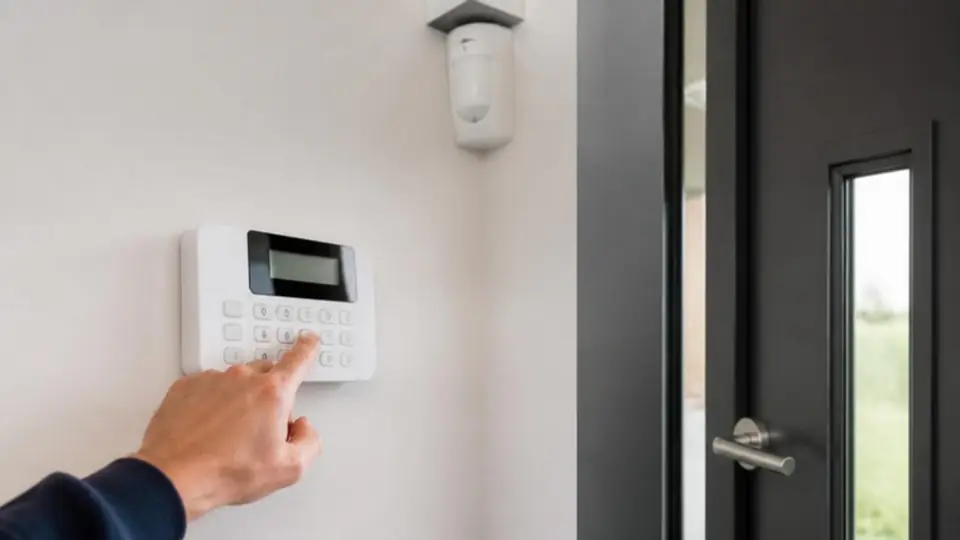Teclado de alarme de intrusão e sensor de movimento junto à porta de entrada