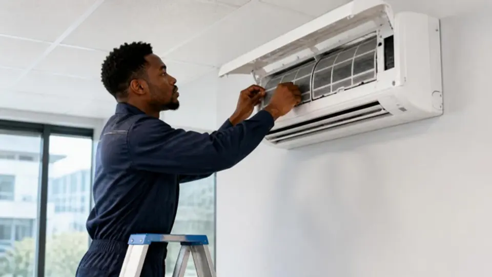 Técnico a fazer a manutenção de um aparelho de ar condicionado de parede