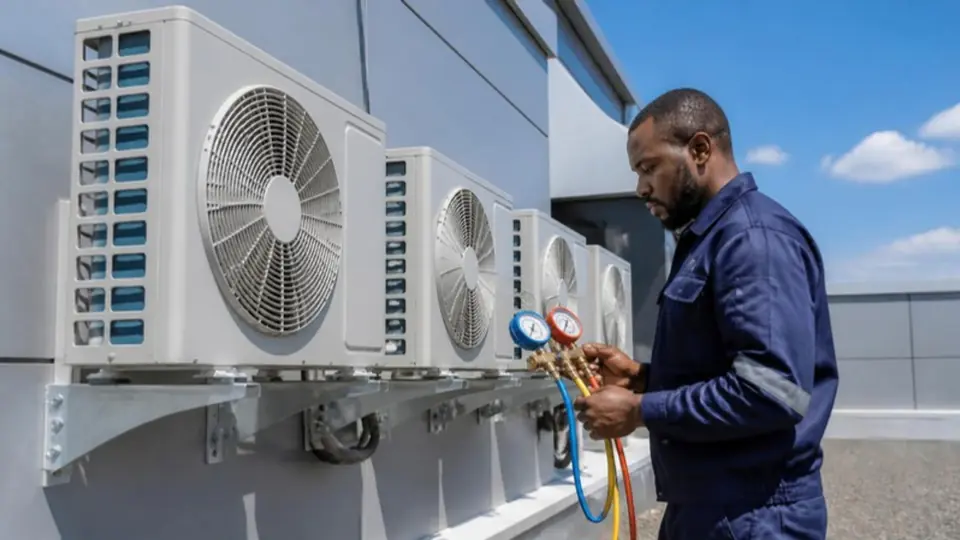 Técnico de climatização a verificar a pressão do gás em unidades exteriores de ar condicionado