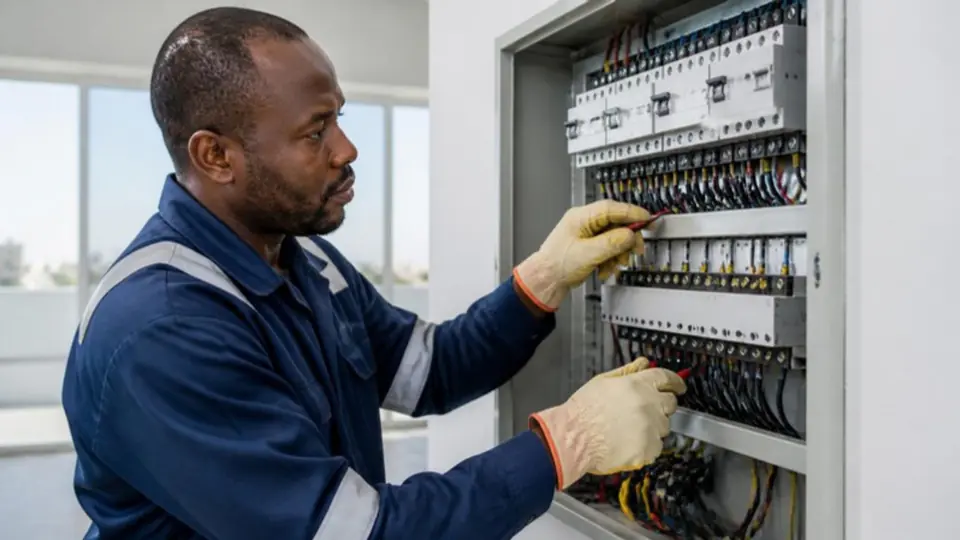 Electricista a trabalhar num quadro eléctrico organizado, com disjuntores identificados