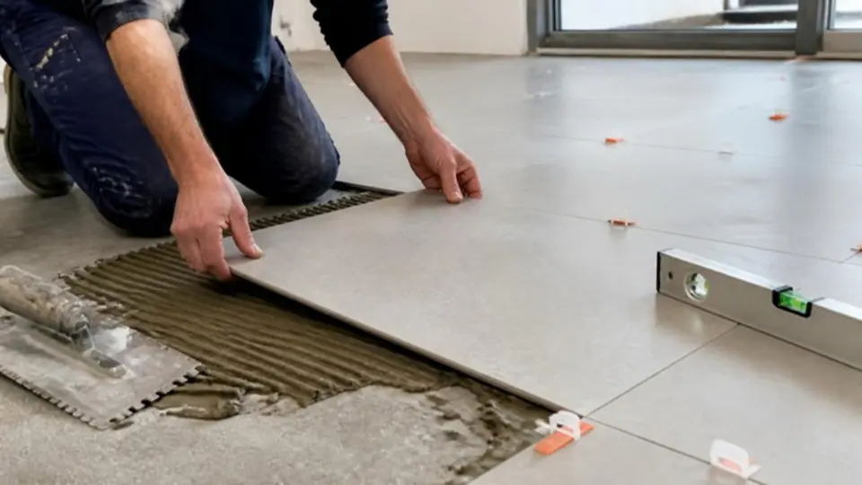 Assentamento de mosaico porcelânico de grande formato com espaçadores e nível